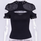 Huibaolu Knitted Gothic Vintage Hollowed-Out Short-Sleeved T-Shirt Spring Ins Dark Style Slim Blouse