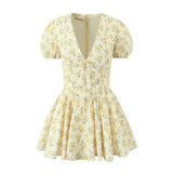 Huibaolu New Yellow Flower V-Neck Short-Sleeved Mini Dress