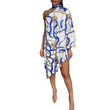 Huibaolu New Fashionable Sexy Lotus Leaf Edge Printed One-Sleeve Open-Shoulder Dress