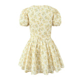 Huibaolu New Yellow Flower V-Neck Short-Sleeved Mini Dress