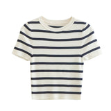 Huibaolu New Short Style Slim Short-Sleeved Striped Knitted Blouse In Autumn