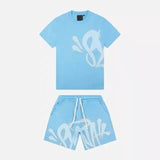 Huibaolu Aesthetics Male Gothic 2-Piece Hip-Hop Alphabet Print 0-Collar T-Shirt + Rope Wide Legs And Short