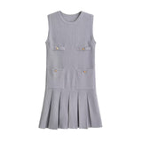 Huibaolu Spring Style Wide-Pleated Button Knitted Mini Dress 3859025