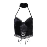 Huibaolu Dark Lace Lace Suede Sling Neck Top 2024 Winter Sexy Vest