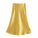 Huibaolu 2024 New Elastic Waistline Simple Full-Color Satin Full-Length Skirt