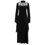 Huibaolu Lace Stitching Long Dress Sexy Split Split Hollowed-Out Dress With Long Horn Sleeves