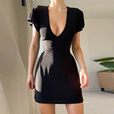 Huibaolu Sexy V Collar Waist Shows Thin Short-Sleeved Dress Temperament Slim Casual Pure Color Hip Skirt Woman