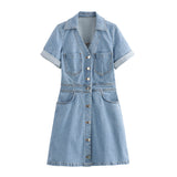 Huibaolu Spring Denim Waist Short-Sleeved Mini Dress 1879038