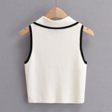 Huibaolu New Summer Lapel With Color Zipper Knitted Vest Shows The Navel Short Style Blouse.