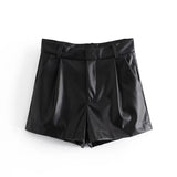 Huibaolu Spring Style Pleated Leather Solid Color Fashion Trendy Shorts 7385290