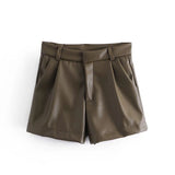 Huibaolu Spring Style Pleated Leather Solid Color Fashion Trendy Shorts 7385290