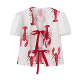 Huibaolu Women's New Style Lobster Print Lace-Up Short-Sleeved Shirt + Lobster Print Leisure Trousers Set