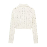 Huibaolu Spring Style Beaded Diamond Lapel Knitted Sweater Short Coat 4331141