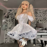 Huibaolu Shoulder Lace Spliced Dress Dark Style Waist Shows A Thin And Fluffy Short Skirt Woman