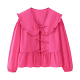 Huibaolu New Spring Doll Tie Casual Loose Solid Color Shirt