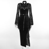 Huibaolu Autumn Style New Style Slim Velvet Dress With Dark Goth Horn Sleeves Tied With Forks