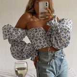 Huibaolu New Summer Women's Wear Sexy And Fashionable Floral Horn Sleeves With Wrinkles Showing Navel Short Blouse