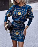 Huibaolu Independent Station Autumn New Fashion Printed Waist Round Collar Long-Sleeved Dress