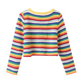 Huibaolu Rainbow Striped Round Neck Knitted Cardigan Short Sweater In Summer