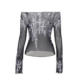 Huibaolu Summer 2024 New Punk Spice Girl Shoulder Printing Net Yarn Long-Sleeved Bottom Shirt Sunscreen Shirt Girl