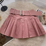 Huibaolu Summer Pleated Skirt Women Korean Fashion with Belt Mini Skirts Girl Kawaii High Waist School Uniform A-Line Short Skirts