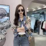 Huibaolu Fashion Roses Print Short Denim Coat Female Temperament O Neck Single Breasted Women Vintage Casual Jean Jacket Chaquetas