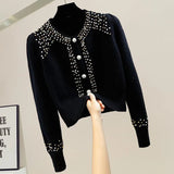 Huibaolu Fashion Beading Diamonds Cardigan Women Long Sleeve Single-Breasted Sweater Coat Female Solid O-Neck Knitted Cardigans