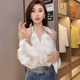 Huibaolu Elegant Ladies Tops Shoulderless Solid Color Shirts Hollow Long Sleeves Summer Loose Blouses Women White Blusas Mujer