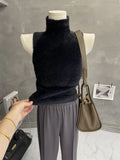 Huibaolu and Waxy Warm Pure Desire High Neck Knitted Vest Fluffy Slim Sleeveless Sweater Base Layer Shirt Crop Top