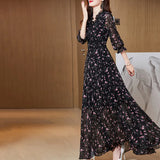 Huibaolu Size 4XL Half Sleeve Summer Dress Floral Print Chiffon Dress Femme V-Neck Flower Dress Ankle Long Dresses For Women Black