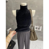 Huibaolu and Waxy Warm Pure Desire High Neck Knitted Vest Fluffy Slim Sleeveless Sweater Base Layer Shirt Crop Top