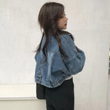 Huibaolu Cropped Denim Jacket Women Korean Fashion Back Split Buttons Up Bomber Jacket Female Lapel Long Sleeve Jeans Coats 2024