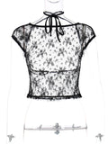 Huibaolu Vintage Y2K Sexy Women Lace Floral T-shirts Summer Party Clubwear Short Sleeve Backless Mesh See Through Tees Shirts