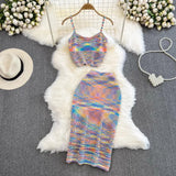 Huibaolu Women Elegant Knitted Skirts Suit Summer Fashion Sexy Vintage Strap Crop Tops and Bodycon Saya 2 Pieces Set Female Chic Outfits