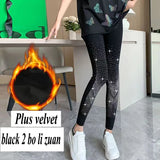 Huibaolu Black Stretch Rhinestone Skinny Leggings Women Autumn Winter Thick Velvet Ankle-Length Pants Tide Elasticit Shinny Legging