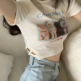 Huibaolu Print Slim Fit T-Shirt Summer Short Sleeve Crop Tops Women Ins Fashion Design Belly Button Exposed Korean Style Harajuku Tee