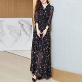 Huibaolu Size 4XL Half Sleeve Summer Dress Floral Print Chiffon Dress Femme V-Neck Flower Dress Ankle Long Dresses For Women Black