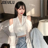 Huibaolu Shoulder V-neck Shirt Chic Lace Up Long Sleeve Crop Top French Sexy Blouse Women Korean Style Spring and Summer Elegant Tops