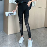 Huibaolu Black Stretch Rhinestone Skinny Leggings Women Autumn Winter Thick Velvet Ankle-Length Pants Tide Elasticit Shinny Legging