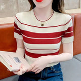 Huibaolu Summer New Round Neck T-shirt Short Sleeve Women's Thin Striped Knit Sweater Thin and Pure Desire Half Sleeves Top