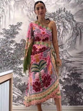 Huibaolu Women Elegant Printed Tassels Hollow Out Mid Dress Fashion Slash Collar Single Shoulder Sleeve Slim Lady Vacation Vestido