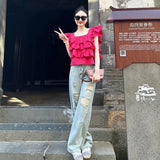 Huibaolu Mujer De Moda Elegant Women's Pink Ruffles Sleeveless Square Neck Shirt Summer Sexy Blouses Korean Elegant Runway Tops