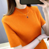 Huibaolu 2024 New Sleeve Short Half Turtleneck Thin Knitted Green Undershirt Versatile Top