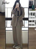 Huibaolu Two Piece Autumn New Women Pant Suits Casual Loose Solid Color Pant Suits Woman Gray Black Simple Basic Pant Suits Female