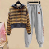 Huibaolu Women's Tracksuit 2024 Fall/Winter New Striped Embroidered Sweater + Cotton Pants Two-piece Korean Casual Hoodies Trousers Suit