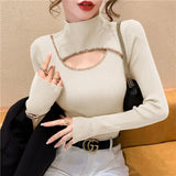 Huibaolu Neck Beaded Diamond Sweater Undershirt Women's Autumn and Winter New Cutout Design Sense Niche Top