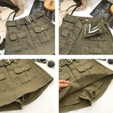 Huibaolu American Retro Cargo Skirt Woman High Street Big Pocket Y2K Mini Skirts Korean High Waist Anti-Glare Short Skirt for Women