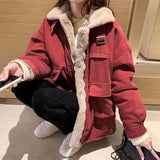 Huibaolu Thicken Corduroy Winter Jacket Women Korean Zipper Warm Lamb Wool Cotton Coat Ladies Casual Loose Turndown Collar Parkas