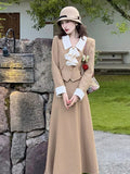 Huibaolu Women Autumn 2 Pieces Set Elegant Long Sleeve Blazer Bow Top Casual A-line Midi Skirt 2024 Spring Solid Lady Clothes