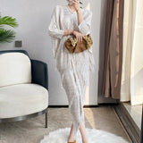 Huibaolu end pleated dress new V-neck tassel bat sleeve gilded oversized wrap buttocks long dress women dress